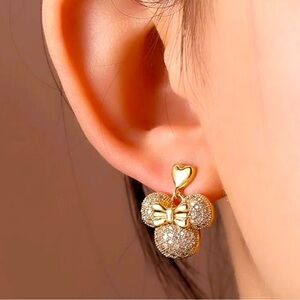 Minnie Mouse Ears Disney Cartoon Diamond 925 Sterling Gold Stud Earrings